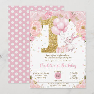 Invitation Lapin mignon lapin rose Floral 1er anniversaire un