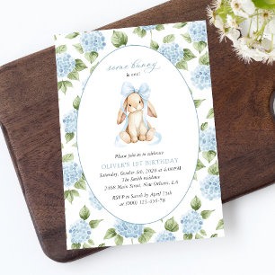Invitation Lapin Mignon, Nœud Bleu, Fleurs Bleues, Premier An