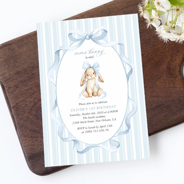 Invitation Lapin Mignon, Nœud Bleu, Rayures Bleues, Premier A (Créateur téléchargé)