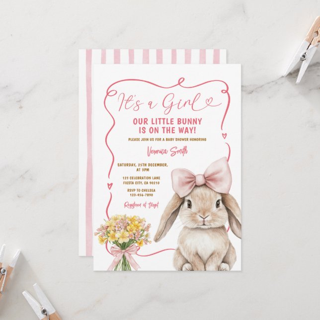 Invitation Lapin mignon noeud rose coquette shower bébé flora (Devant/Arrière en situation)
