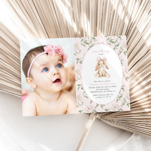 Invitation Lapin Mignon, Nœud Rose, Fleurs Roses, Premier Ann
