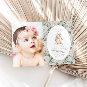 Invitation Lapin Mignon, Nœud Rose, Fleurs Roses, Premier Ann