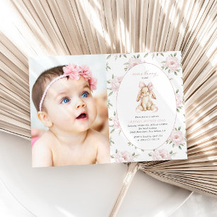 Invitation Lapin Mignon, Nœud Rose, Fleurs Roses, Premier Ann