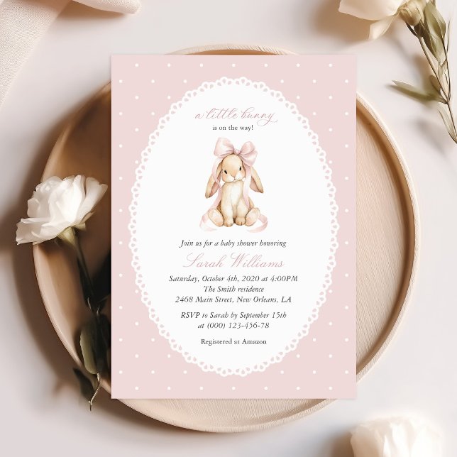 Invitation Lapin Mignon, Nœud Rose, Points Roses, Baby Shower (Créateur téléchargé)