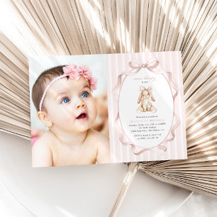 Invitation Lapin Mignon, Nœud Rose, Rayures Roses, Premier An