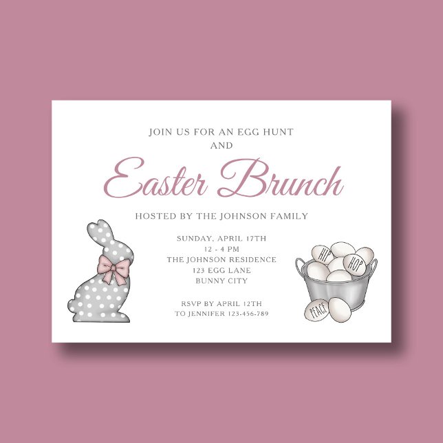 Invitation Lapin Mignon Pâques brunch Chasse aux œufs Rose (Cute Bunny Pink Easter Brunch Egg Hunt Invitation)