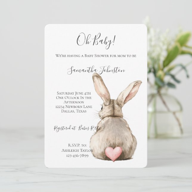 Invitation Lapin Mignon Queue Rose Bébé à Bord Shower  (Debout devant)