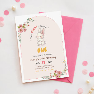 Invitation Lapin Mignon Rose Floral 1er Anniversaire