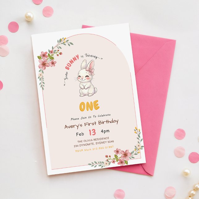 Invitation Lapin Mignon Rose Floral 1er Anniversaire (Créateur téléchargé)