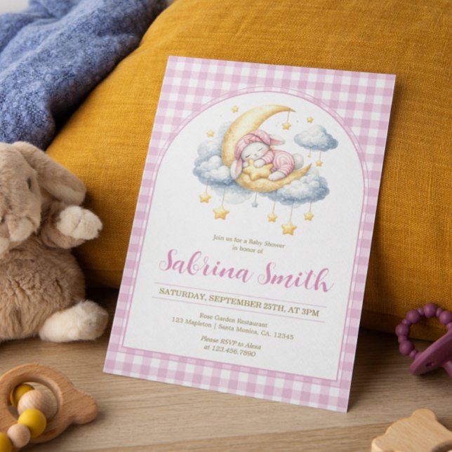 Invitation Lapin Mignon Rose Garçon Fille Lune Étoile Baby Sh (Créateur téléchargé)