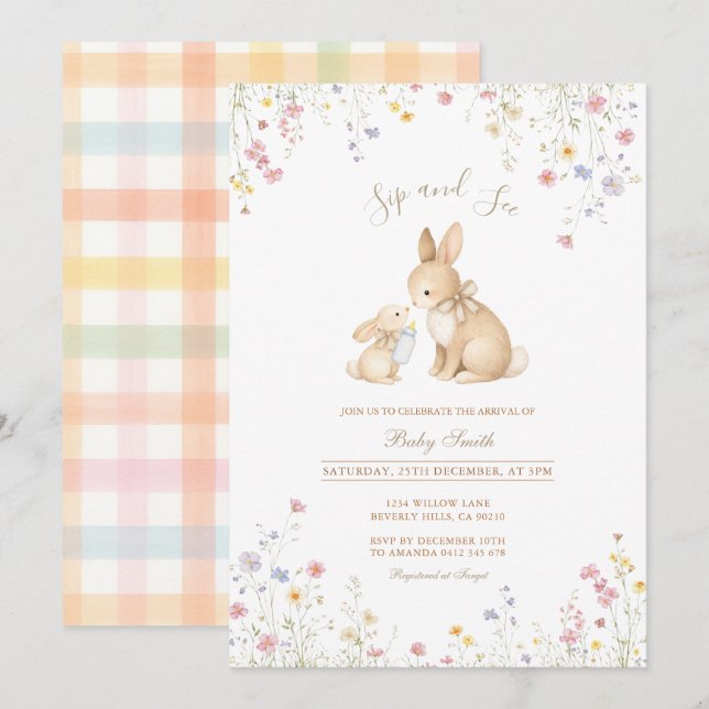 Invitation Lapin Neutre Fleur Sauvage Bébé Sip & See (Devant / Derrière)