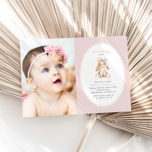 Invitation Lapin, Nœud Rose, Points Roses, Premier Anniversai