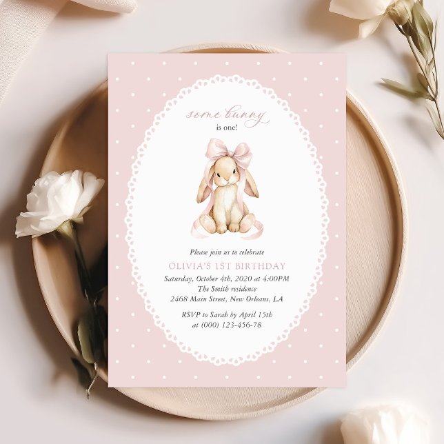 Invitation Lapin, Nœud Rose, Points Roses, Premier Anniversai (Créateur téléchargé)