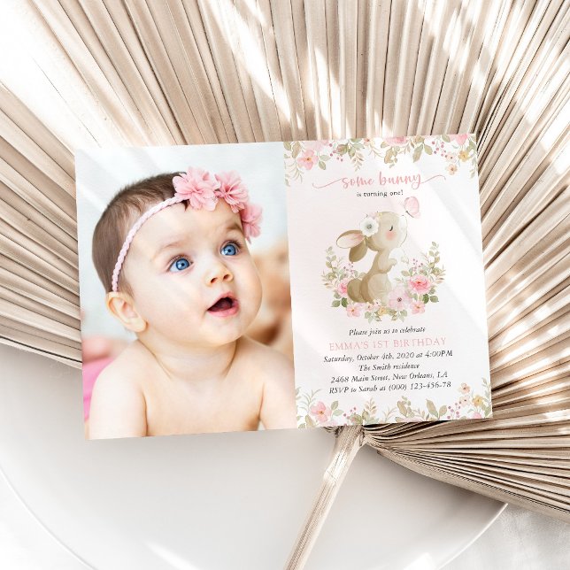 Invitation Lapin, Papillon, Fleurs Roses, Premier Anniversair (Créateur téléchargé)
