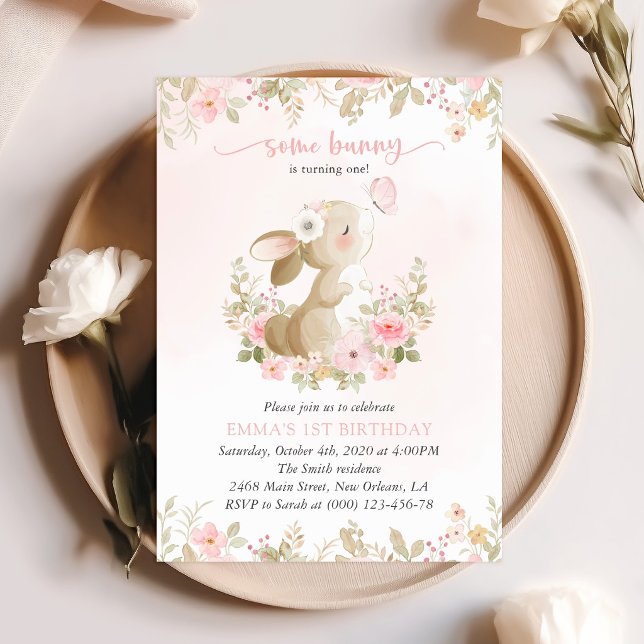 Invitation Lapin, Papillon, Fleurs Roses, Premier Anniversair (Créateur téléchargé)
