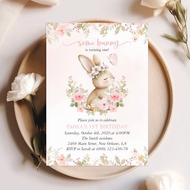 Invitation Lapin, Papillon, Fleurs Roses, Premier Anniversair (Créateur téléchargé)