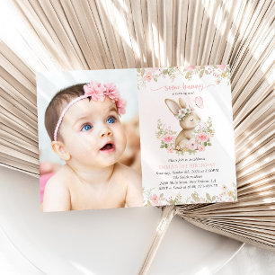 Invitation Lapin, Papillon, Fleurs Roses, Premier Anniversair