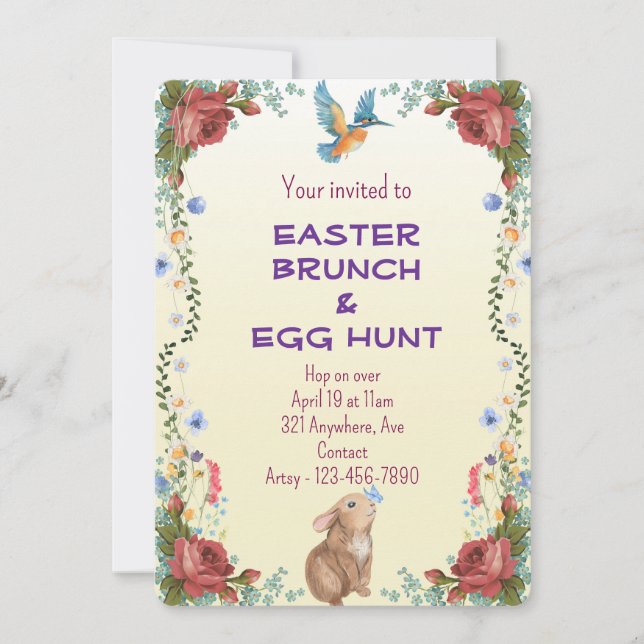 Invitation Lapin, Papillon, Oiseau & Roses Rouges  (Devant)