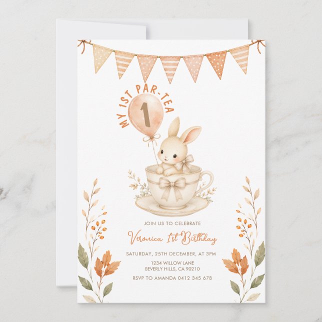 Invitation Lapin Par-Tea 1er Anniversaire Automne Floral  (Devant)