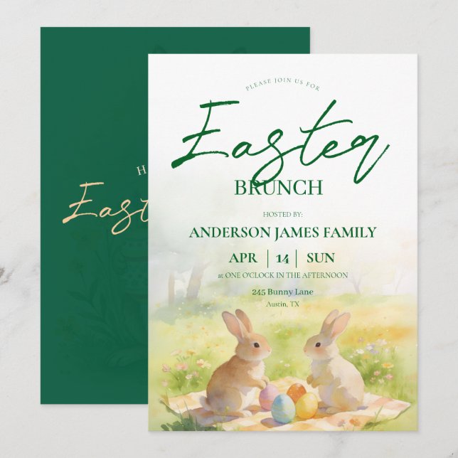 Invitation Lapin pastel vert de Pâques en aquarelle pour brun (Devant / Derrière)
