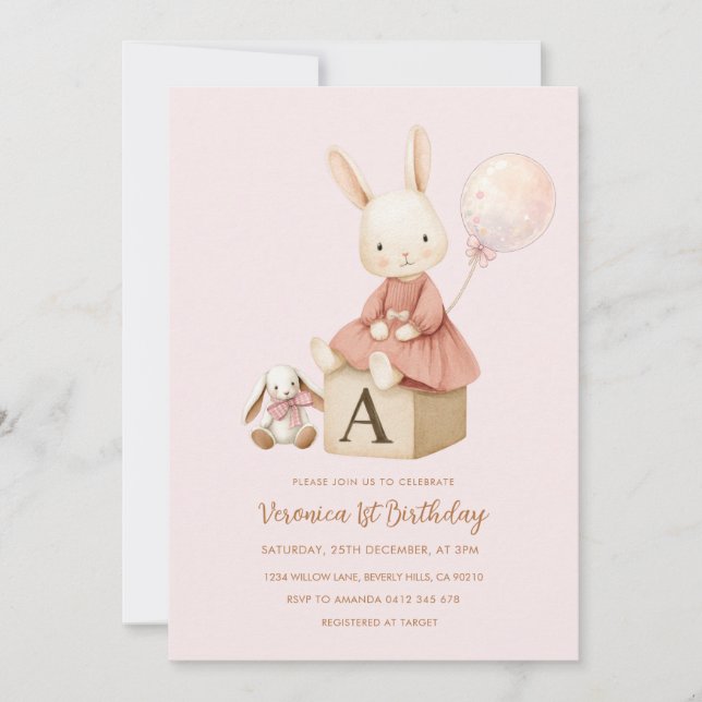 Invitation Lapin Rose 1er Anniversaire (Devant)