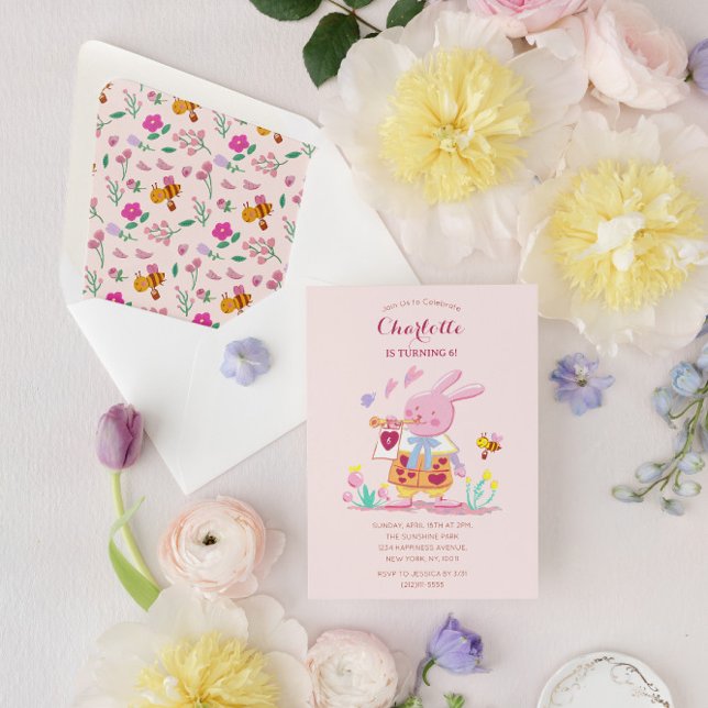 Invitation lapin rose aquarelle dans le jardin anniversaire d (Créateur téléchargé)