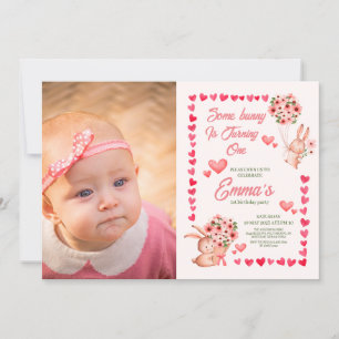 Invitation Lapin rose avec photo premier anniversaire