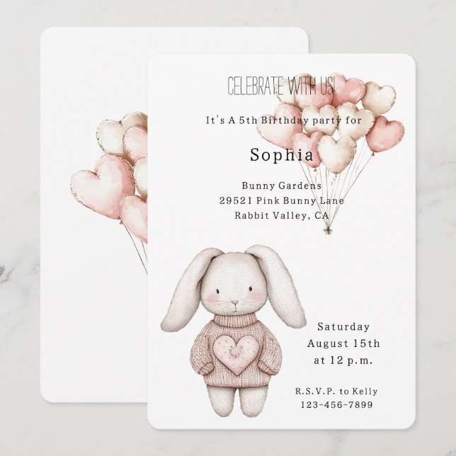 Invitation Lapin Rose Cœur Anniversaire (Devant / Derrière)