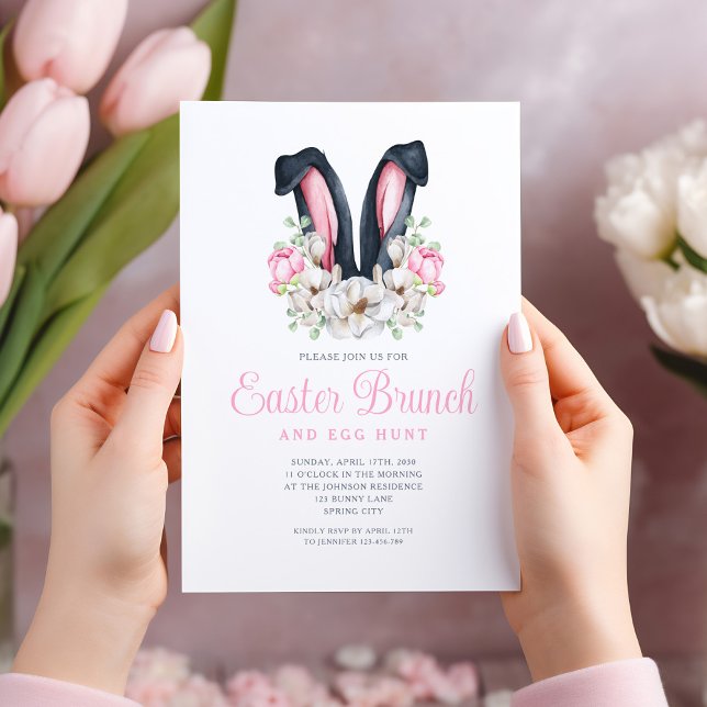 Invitation Lapin Rose Floral aux Oreilles de Pâques Bruncher (Pink Floral Bunny Ears Easter Brunch Invitation)