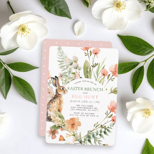 Invitation Lapin Rose Floral Brunch de Pâques & Chasse aux œu