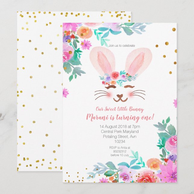 Invitation Lapin rose Floral Doux 1er anniversaire (Devant / Derrière)