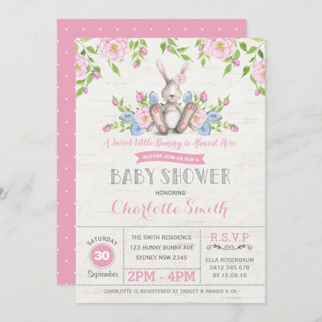 Invitation Lapin rose Floral Lapin Baby shower Fleur de Pâque (Devant / Derrière)