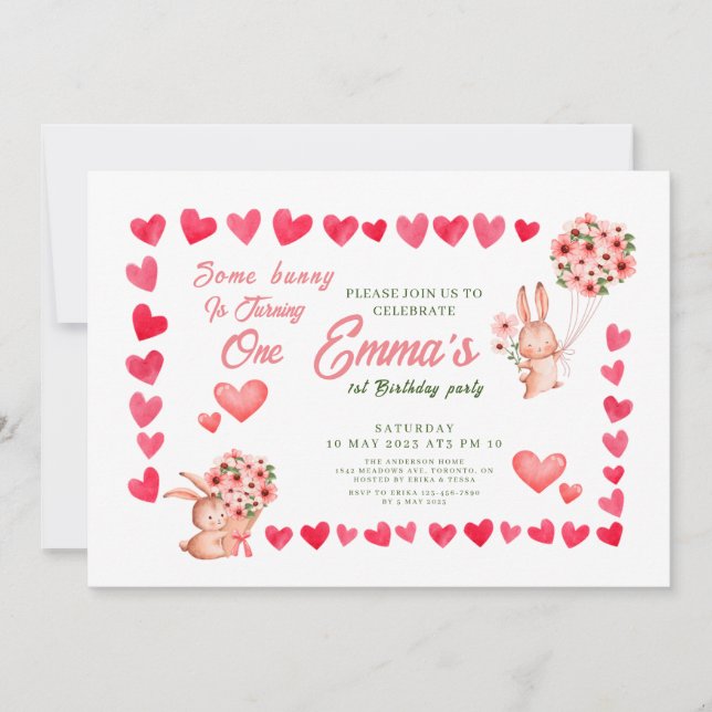 Invitation Lapin rose Floral premier anniversaire (Devant)