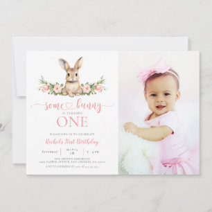 Invitation Lapin rose Floral Un lapin 1er Anniversaire Photo
