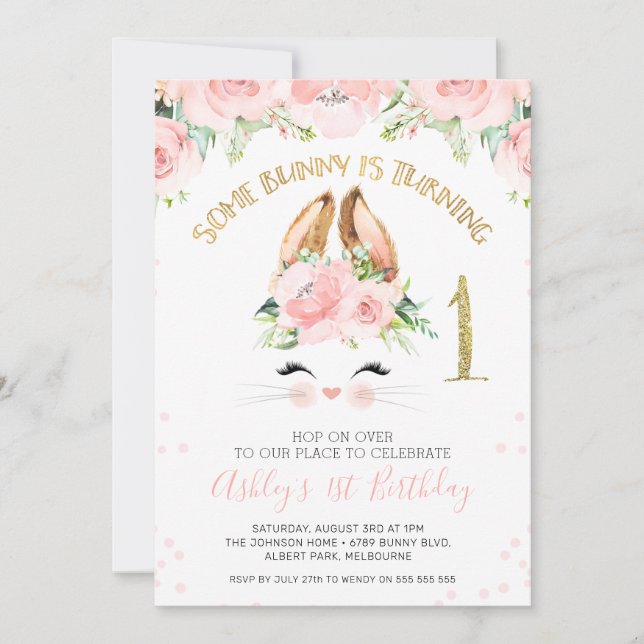Invitation Lapin rose Floral Visage 1er Anniversaire (Devant)