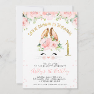 Invitation Lapin rose Floral Visage 1er Anniversaire