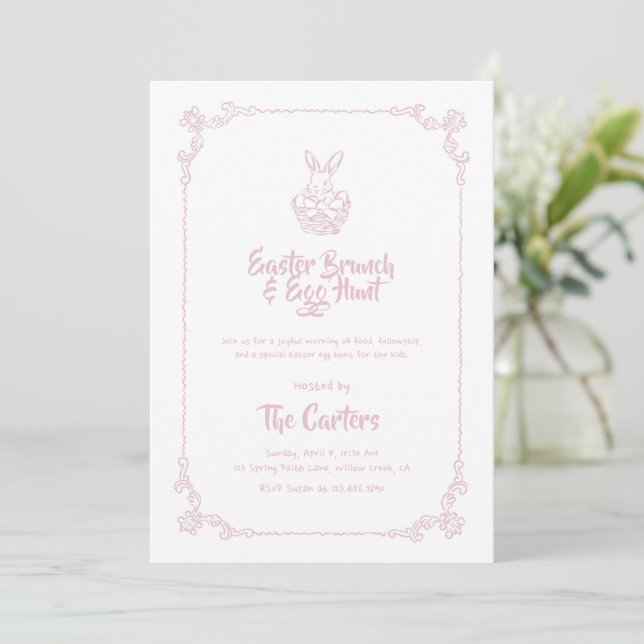 Invitation Lapin Rose Pâle pour le Brunch de Pâques et la Cha (Debout devant)