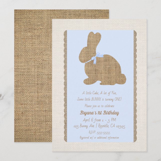 Invitation Lapin Rustique Bleu & Toile de Jute Pâques 1er Ann (Devant / Derrière)