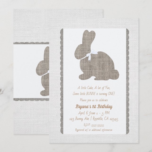 Invitation Lapin rustique en toile de jute blanche pour Pâque (Devant / Derrière)