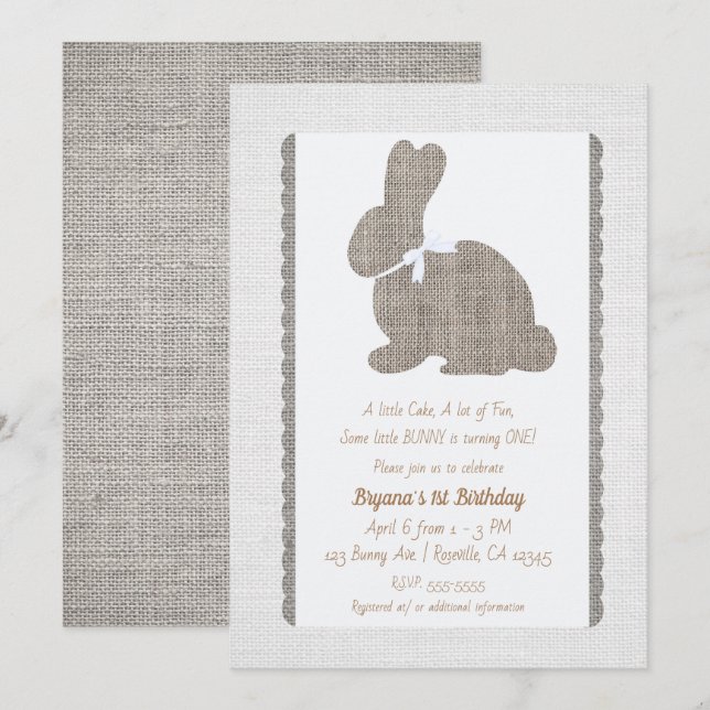 Invitation Lapin rustique en toile de jute grise blanche Pâqu (Devant / Derrière)