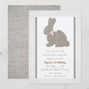 Invitation Lapin rustique en toile de jute grise blanche Pâqu