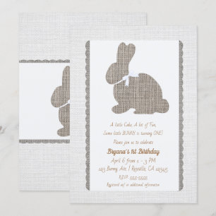 Invitation Lapin rustique en toile de jute grise blanche Pâqu