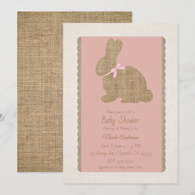 Invitation Lapin rustique rose et toile de jute Fête prénatal (Devant / Derrière)