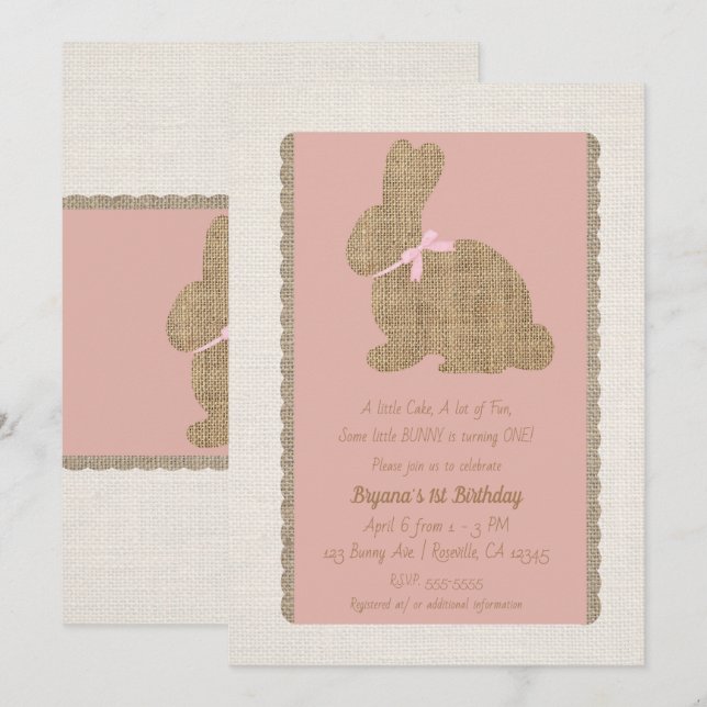 Invitation Lapin rustique rose et toile de jute pour 1er anni (Devant / Derrière)