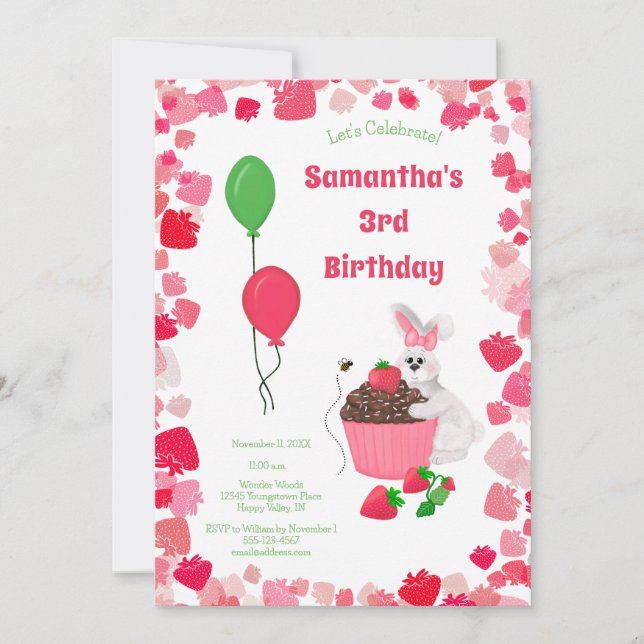 Invitation Lapin sucré et fraise Cupcake Fille Anniversaire (Devant)