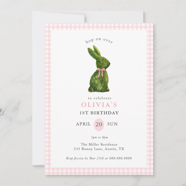 Invitation Lapin Topiaire Mignon Anniversaire Fille Gingham R (Devant)