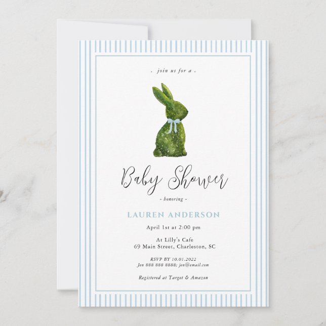 Invitation Lapin topiaire pour garçon Baby Shower Bleu  (Devant)