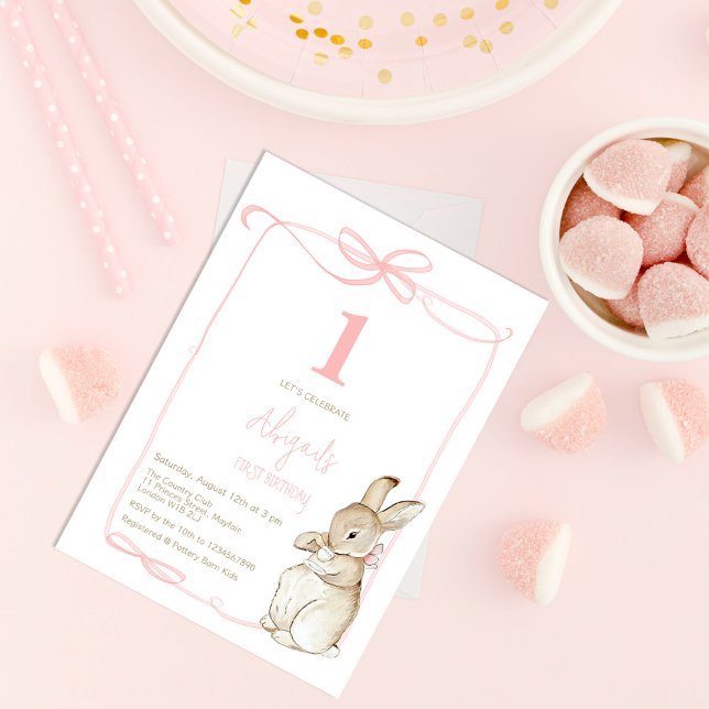 Invitation Lapine Fille Rose Coquette 1er Anniversaire (Créateur téléchargé)