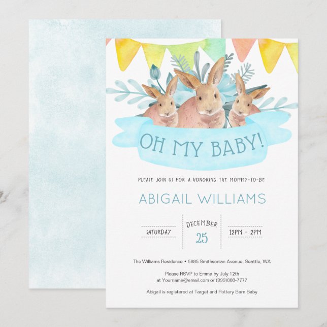 Invitation Lapins à l'aquarelle bleue Baby Shower pour bébé d (Devant / Derrière)
