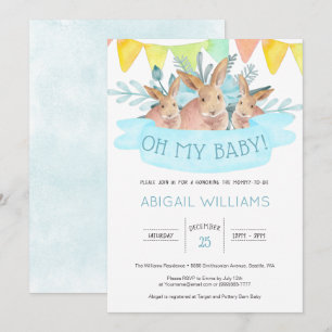Invitation Lapins à l'aquarelle bleue Baby Shower pour bébé d